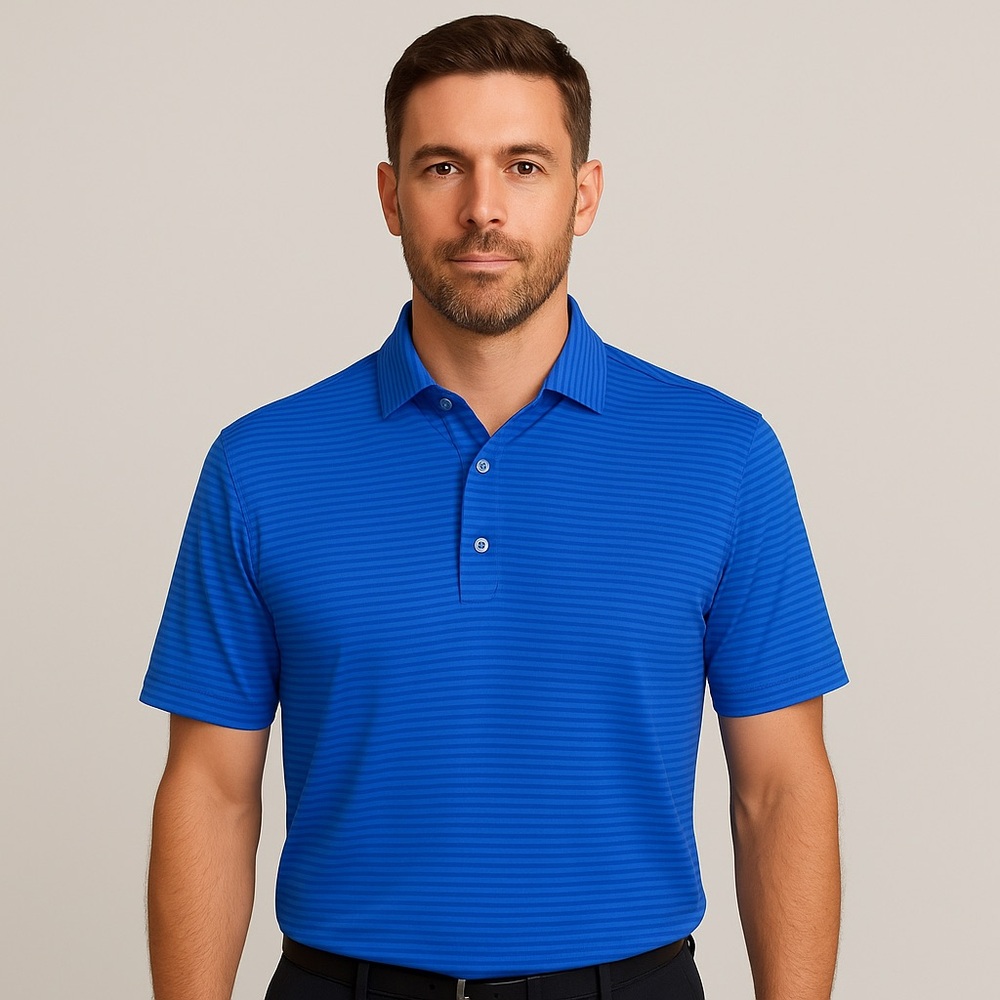 FootJoy FJ Golf Polo Shirt Mens Large Blue Stripes Stretch Wicking Performance‎